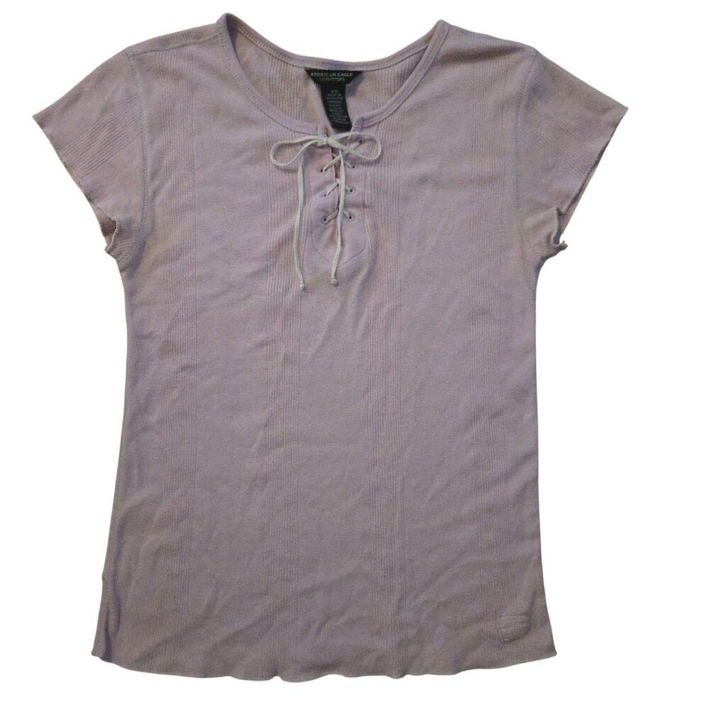 Y2K American Eagle XS Lavender Ribbed Baby Doll Tee Lace Up School 90's